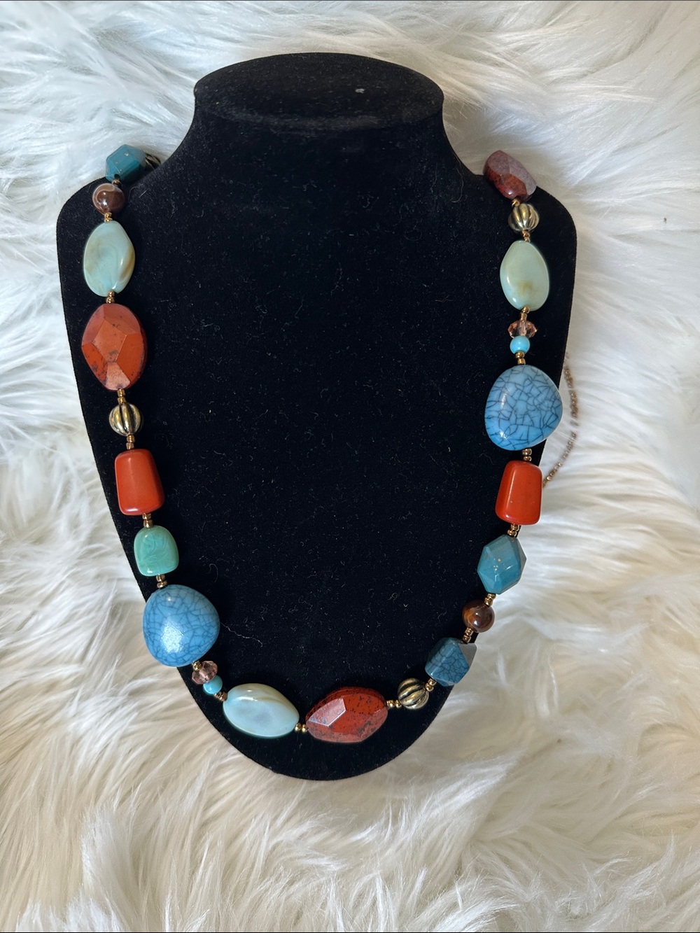 Vintage Turquoise & Coral Beaded Necklace - Designer Style